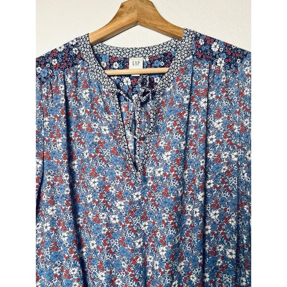 Gap Blue Floral Drop Waist Dress S Smock Tie Pleated Western Office Boho Chic - Picture 6 of 11